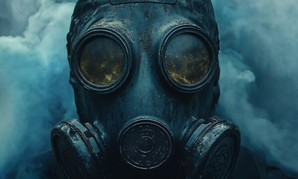 A figure in a gas mask surrounded by smoke, evoking a dystopian atmosphere.