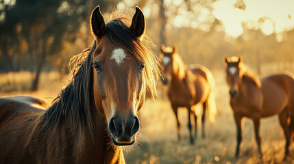 The scene is peaceful and serene, with the sun shining down on the horses