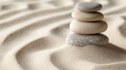 2410_105.close-up view of a rock stack in a zen sand garden, with delicate, curved rake lines in the sand, the natural, soft textures of the stones contrasting with the fine grains of sand, evoking
