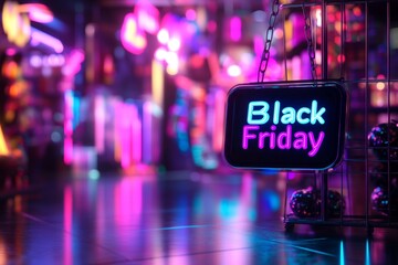 Vibrant neon black friday sign in futuristic retail setting.