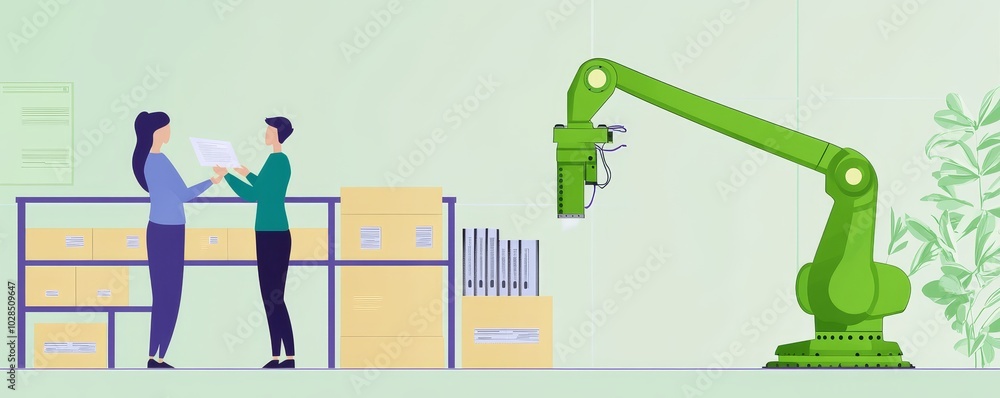 Poster a modern warehouse scene featuring a robot assisting workers with automated tasks, showcasing techno
