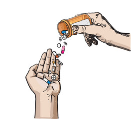 sipping pills to hand orange container medicine illustration on white background