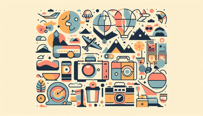 A fun collection of travel-related icons, including cameras, hot air balloons, and planes, arranged in a modern, minimalist style