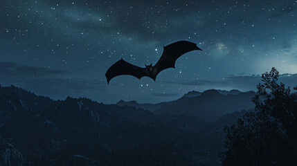 Fototapeta premium A bat with wide wings flying over a mountain range under a starlit sky.