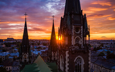 Naklejka premium Aerial veiw on Elizabeth church in Lviv, Ukraine from drone.