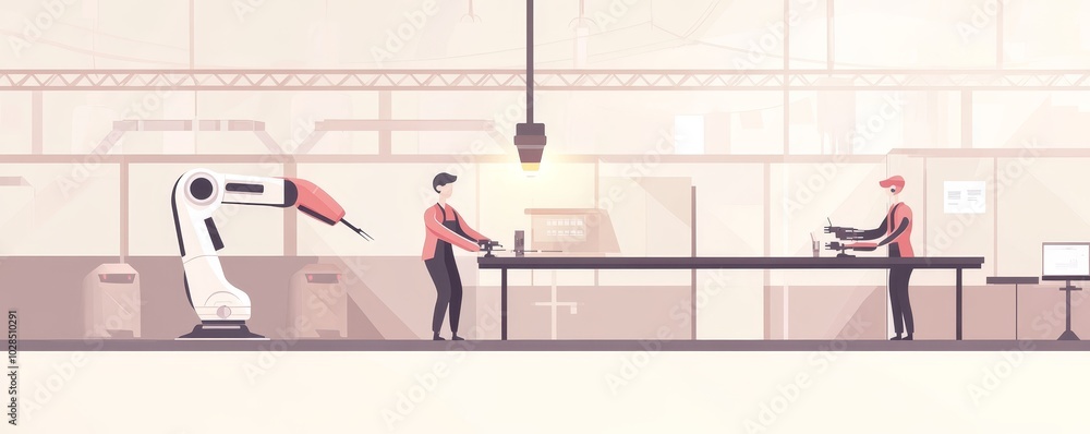 Poster a modern factory scene showing robot workers and humans collaborating in an assembly line, showcasin