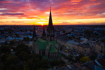 Fototapeta premium Aerial veiw on Elizabeth church in Lviv, Ukraine from drone.