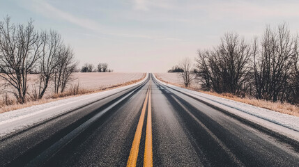 Fototapeta premium Winter Road with Snow-Dusted Fields and Barren Trees