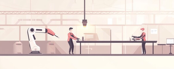 A modern factory scene showing robot workers and humans collaborating in an assembly line, showcasing automation and innovation.