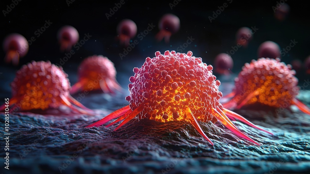 Poster close-up view of cancer cells depicting cellular interaction and complexity in vibrant colors.