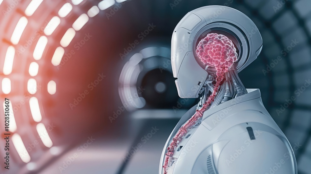 Poster A futuristic robot with a visible brain, showcasing advanced technology in a modern corridor setting.