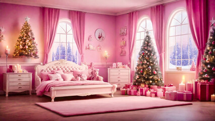クリスマスツリーが飾られたピンクの部屋