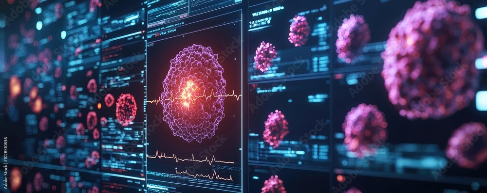 Poster high-tech visualization of a virus with data analysis interface, illustrating scientific research an