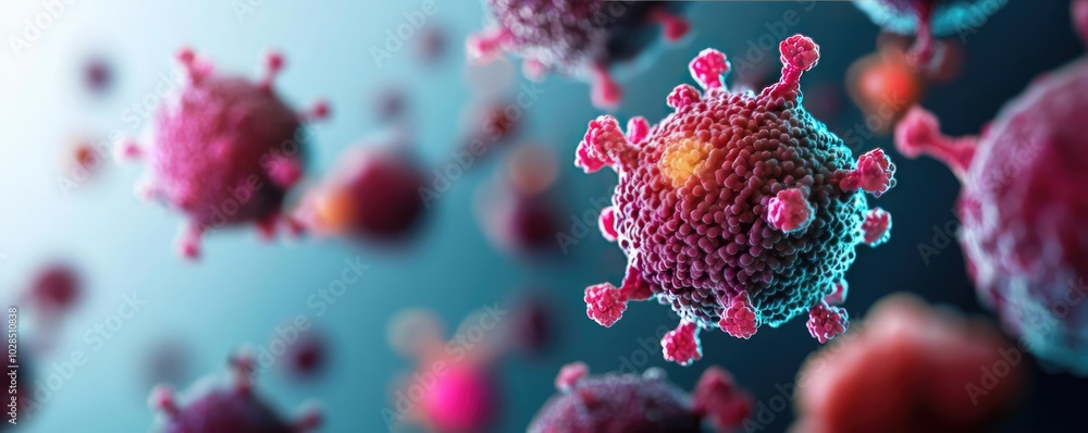 Poster microscopic view of a virus showcasing its structure and complexity in vibrant colors against a blur