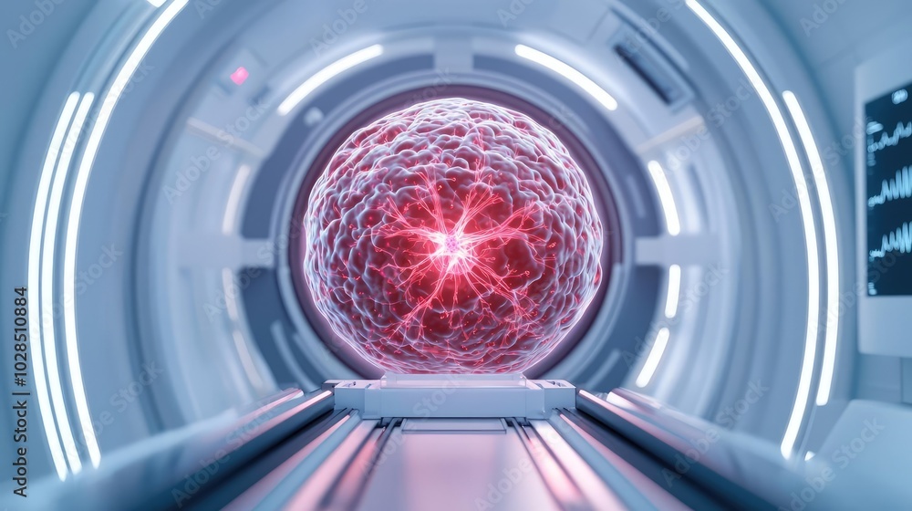 Poster futuristic concept of energy sphere in a high-tech lab, illuminating the space with vibrant red ligh