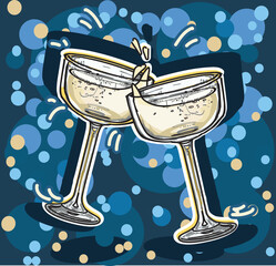 Clinking cheers glasses champagne graphic vector illustration. Chin chin party with two champagne glass on party background