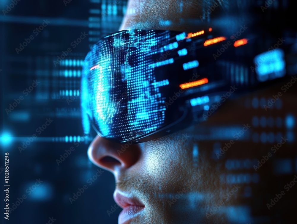 Aufkleber software developer wearing vr glasses browsing data in metaverse