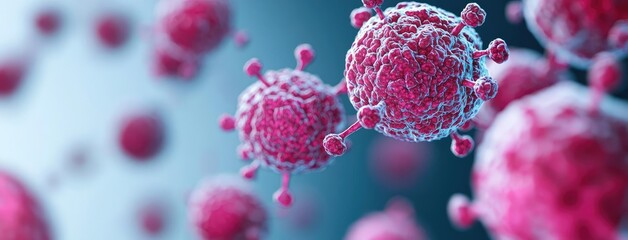 Detailed illustration of a virus in vibrant pink tones, representing microscopic life and scientific research on pathogens.