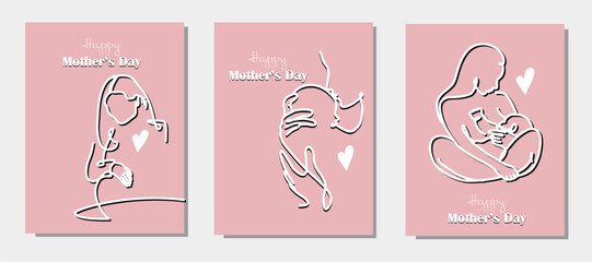 Vector set of continuous one line cards for Happy Mother's Day in one line style. Pregnancy woman, woman breastfeeding her newborn baby and mother holding a new born baby