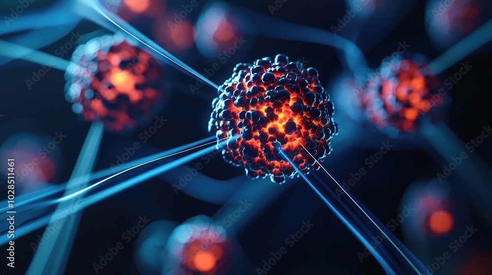 Poster abstract representation of molecular structures with vibrant colors and glowing effects in a scienti