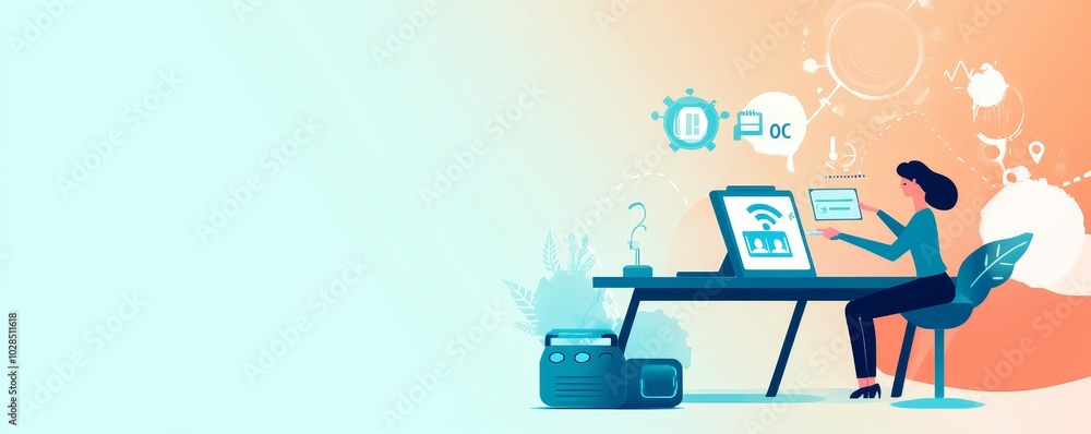 Poster a modern workspace with a person working at a desk, utilizing technology and creative tools for prod