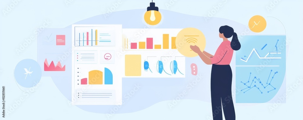 Aufkleber a woman analyzing data trends and graphs in a modern workspace, showcasing innovative business insig
