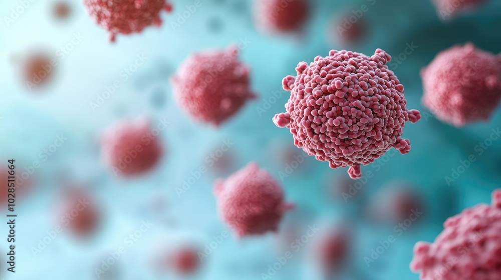 Poster close-up view of vibrant pink virus particles floating in a digital environment, representing microb