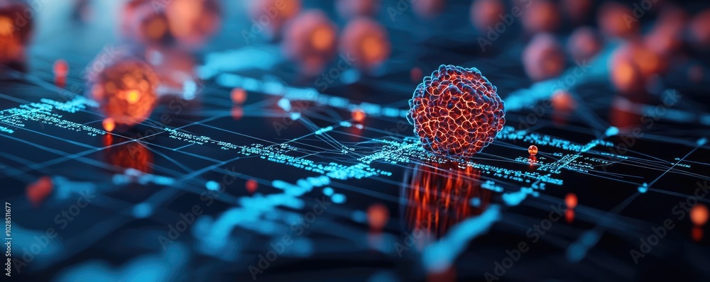 Poster abstract representation of molecular structure with glowing elements on a digital grid, symbolizing 