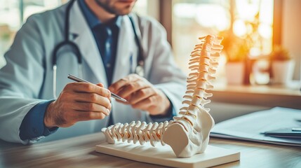 doctor pointing on human spine model with a pen sitting in his office