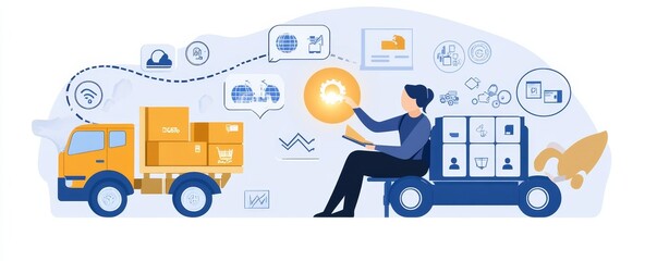 Illustration of logistics and delivery process with truck, boxes, and data analysis elements for modern supply chain management.
