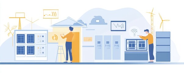 Illustration of renewable energy professionals working with modern technology in a sustainable energy environment.