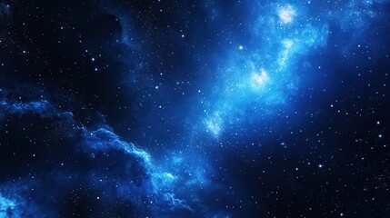Naklejka premium A cosmic scene featuring vibrant blue nebulae and countless stars against a dark backdrop.