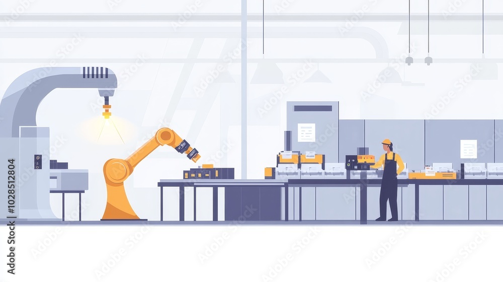 Poster a modern factory scene showcasing robotic automation and a worker, illustrating advanced manufacturi