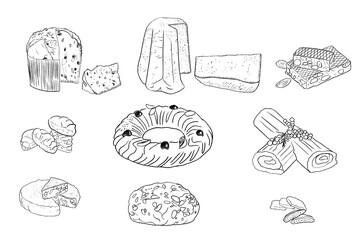 Retro vintage new year drawing set in doodle line art contemporary minimalist print style. Christmas Italian food. Hand drawn.