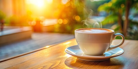 Obraz premium Serene Silhouette of a Warm Cappuccino Mug on a White Table for Relaxation and Comfort