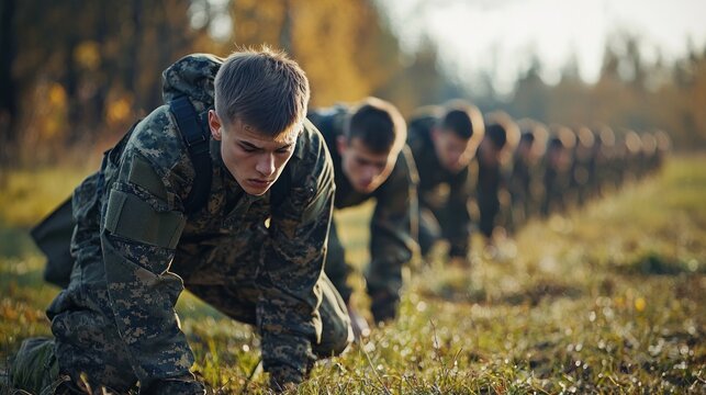 cadets participating in a physical training exercise outdoors, illustrating the dedication required in their training
