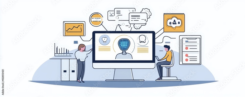 Poster an illustration depicting a digital workspace with data analysis, ai interactions, and user insights
