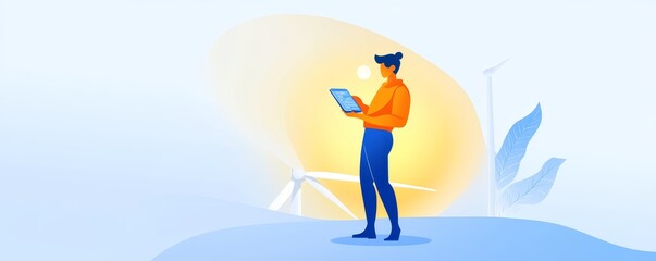Fototapeta premium A person using a tablet in a renewable energy setting, showcasing innovation and sustainability in modern technology.