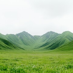 Obraz premium Lush green valley surrounded by mountains under a cloudy sky.