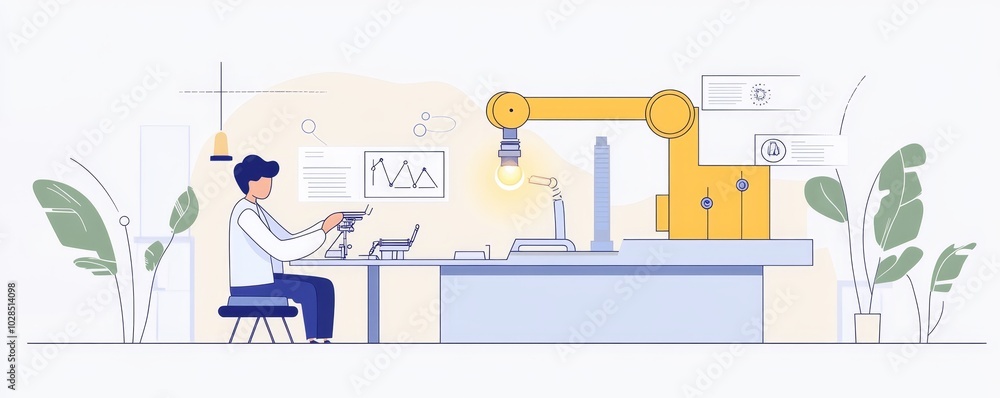 Poster a modern workspace featuring a technician using technology and collaborating with a robotic arm in a