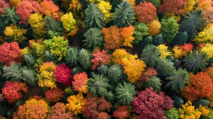 Aerial view of an autumn forest showcasing vibrant fall colors with trees in shades of green, yellow, orange, and red, creating a stunning natural backdrop.