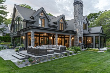 Architectural photo of an elegant New England home featuring grey shingle walls, green grass, and landscaped backyard with a stone fireplace and large windows.