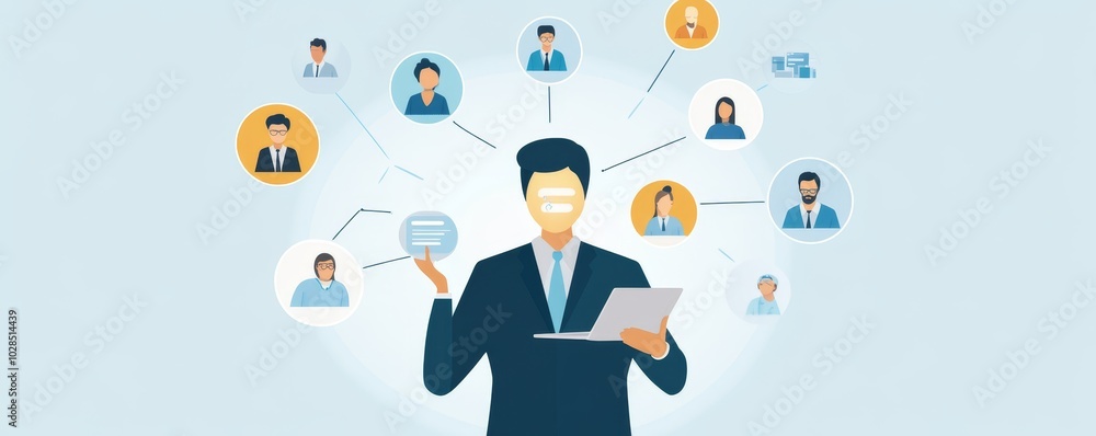 Poster modern businessman using laptop to connect with colleagues, showcasing communication and networking 