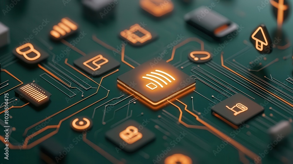 Poster product surrounded by animated icons representing various features, each glowing and connected to a 