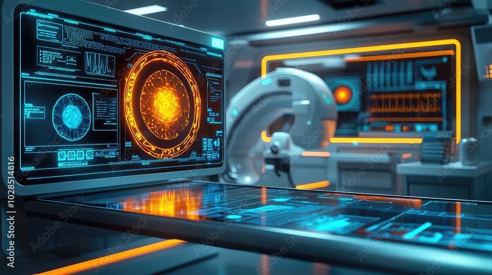 Poster futuristic lab with high-tech screens and glowing interfaces, showcasing advanced technology and int