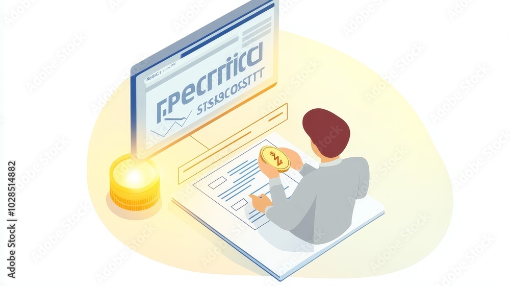 Poster a person working on a computer, analyzing data and managing finances in a professional office settin