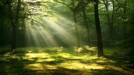 Fototapeta premium 114. A tranquil forest clearing illuminated by soft sunlight breaking through the leaves