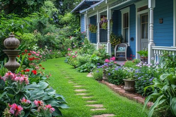 Naklejka premium Beautiful home garden featuring lush green grass, flower beds, and an elegant front porch, complemented by artistic sculptures in the summer landscape.