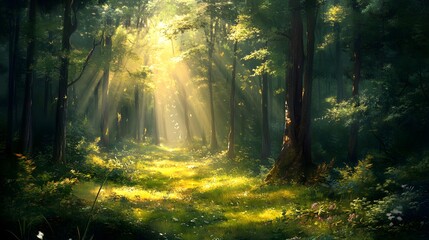 Fototapeta premium 114. A tranquil forest clearing illuminated by soft sunlight breaking through the leaves