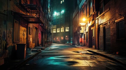 Fototapeta premium A Narrow, Brick-Lined Alleyway Under a Nighttime Sky